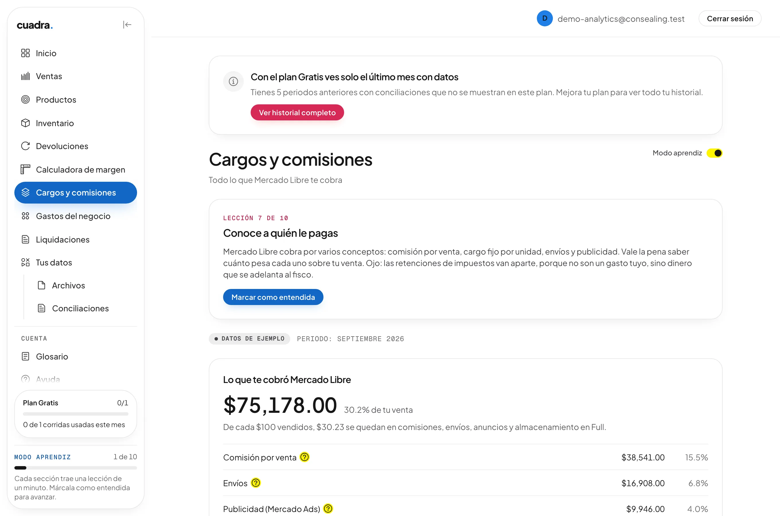 Pantalla de Cargos y comisiones de cuadra con lo que cobró Mercado Libre: comisión por venta, envíos y publicidad, cada uno con su monto y su porcentaje, con datos de ejemplo