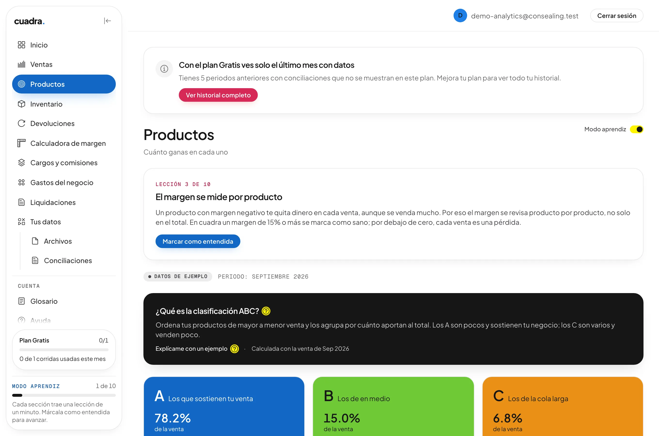 Pantalla de Productos de cuadra con la clasificación ABC de tus productos por venta, con datos de ejemplo